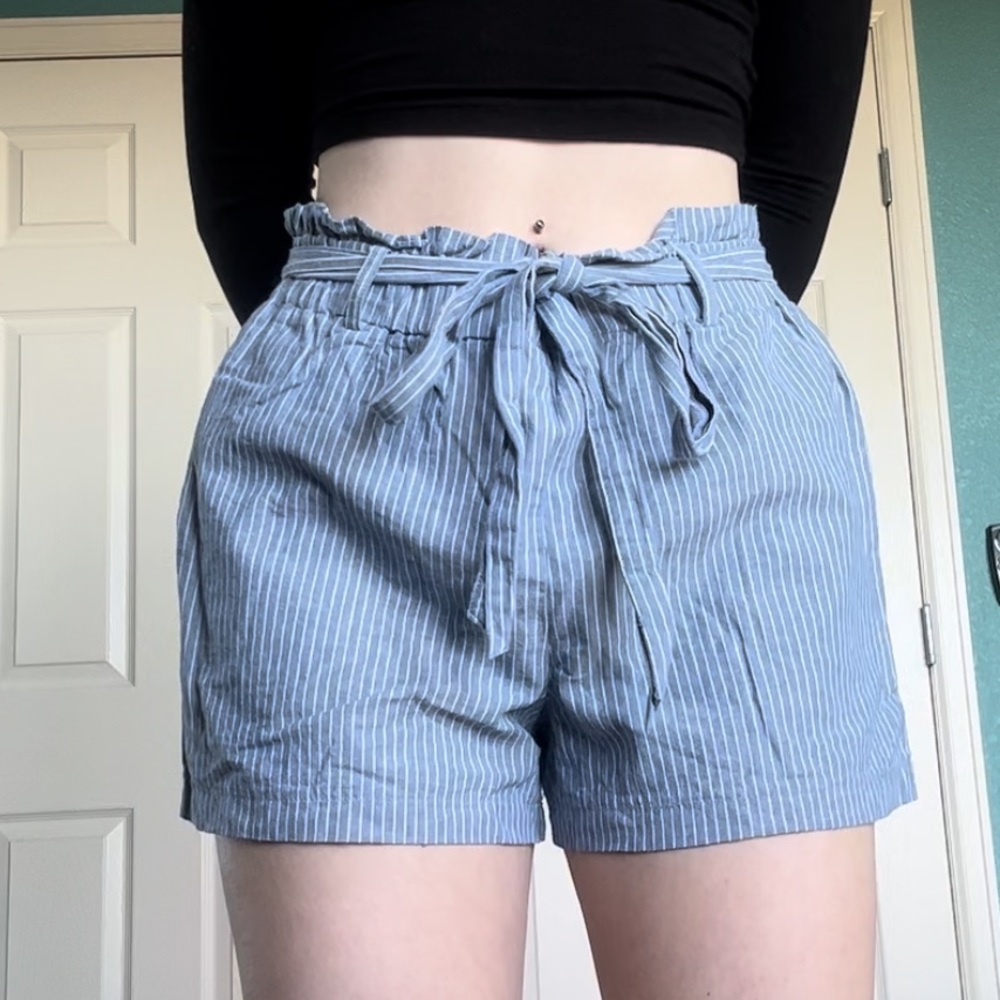 Blue Striped Paper Bag Shorts